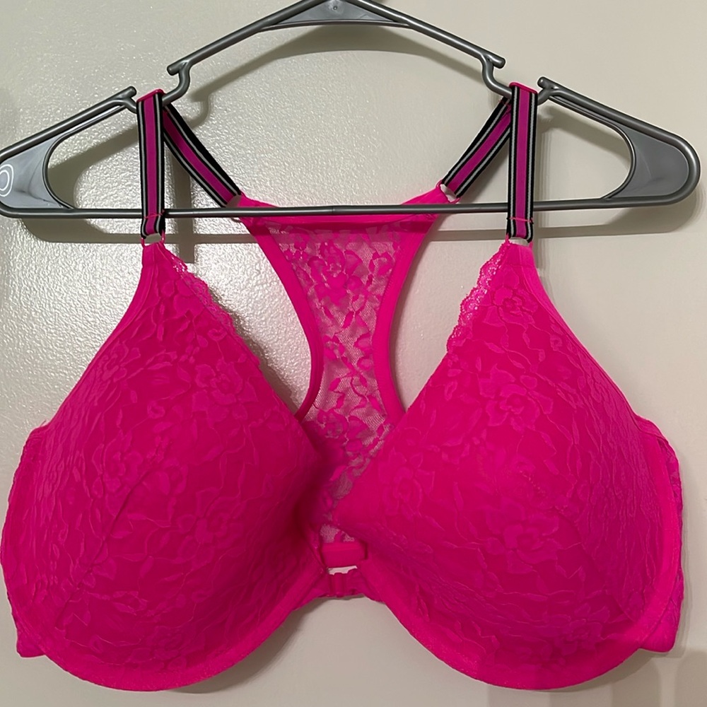 FRUIT OF THE LOOM HOT-PINK LACE BRA SIZE 42DD FRONT CLOSE T-BACK PADDED STRETCH
